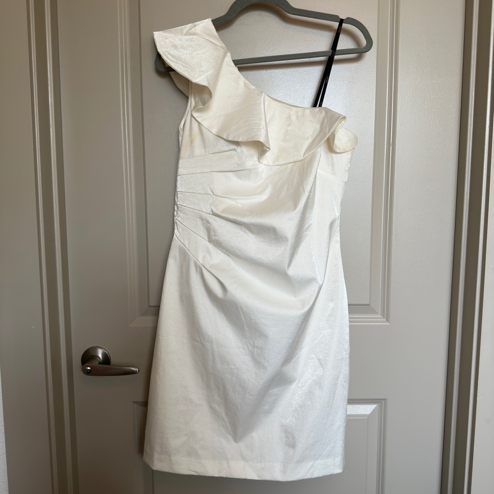 White Satin One Shoulder Ruffle Short Dress by Laundry - Shelli Segal